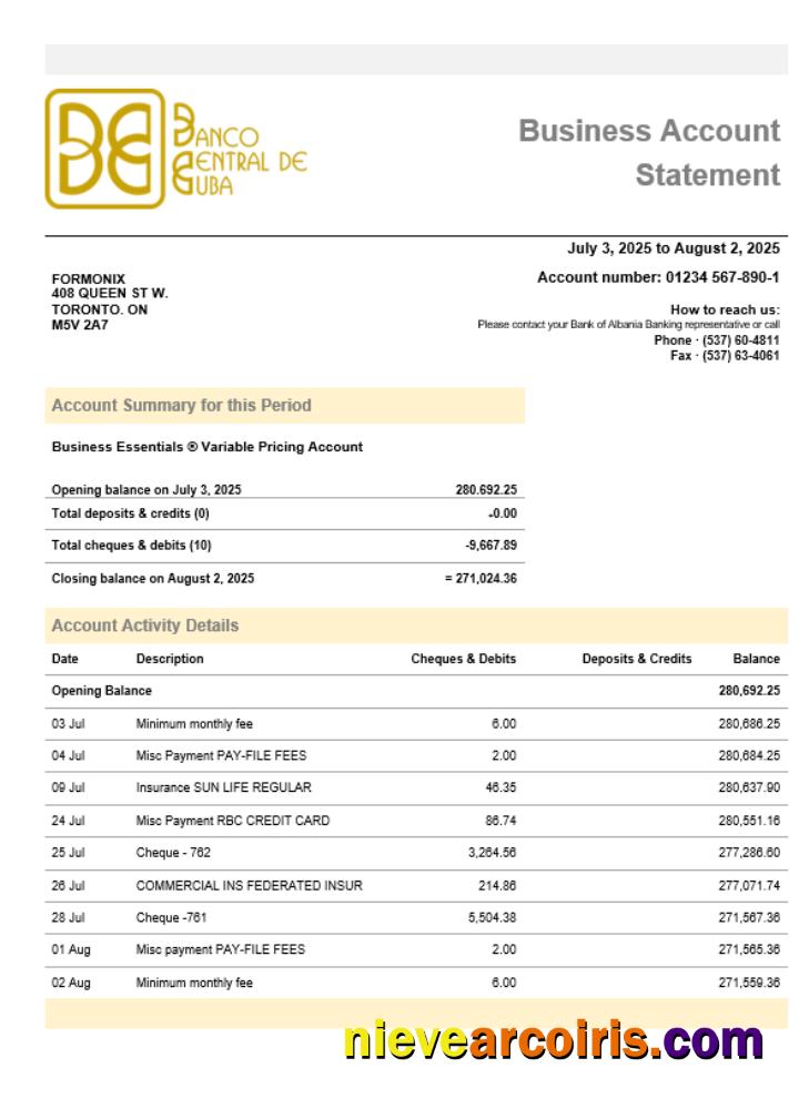 Banco Central de Cuban bank business firm account statement Word snd PDF format